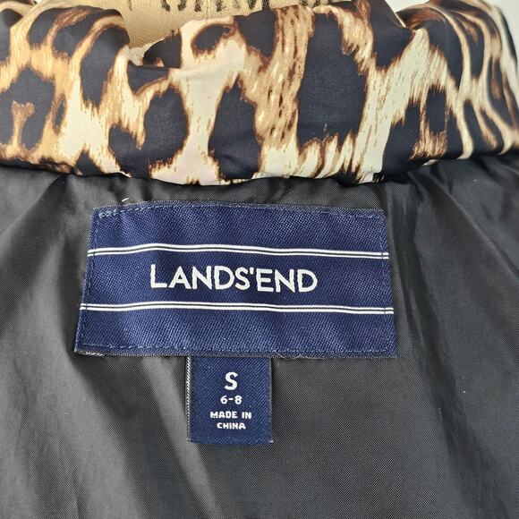 Lands End brown black cream leopard print zip front down puffer vest Small - Picture 3 of 6